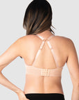 Kami, expecting mother of 2, demonstrating the versatile convertible racerback feature of Hotmilk US's Ambition T-Shirt Wirefree nursing and maternity bra in maple, designed for maternity, nursing, and breastfeeding comfort
