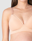 Close-up view of Kami, pregnant mother of 2, highlighting the exquisite fabric and intricate details of HOTMILK US's AMBITION T-SHIRT WIREFREE nursing and maternity bra in elegant maple, designed for maternity, nursing, and breastfeeding needs