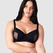 Model Olivia showcasing the allure of Hotmilk Lingerie US's Enlighten Balconette maternity, nursing, and breastfeeding bra, with its elegant blend of soft slinky microfiber for a comfortable and stylish experience