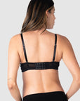 Kami, expecting mother of 2, showcasing the versatile convertible back straps of the Forever Yours Contour Padded Nursing maternity bra in black by Hotmilk Lingerie US, designed for comfortable maternity, nursing, and breastfeeding