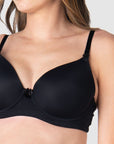 Close-up view showcasing the luxurious slinky microfiber fabric of the Forever Yours Contour Padded Nursing maternity bra in black by Hotmilk Lingerie US, thoughtfully designed to meet maternity, nursing, and breastfeeding requirements