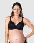 Kami, pregnant mother of 2, embracing comfort and style in the Forever Yours Contour Padded Nursing maternity bra in black by Hotmilk Lingerie US, designed for maternity, nursing, and breastfeeding needs