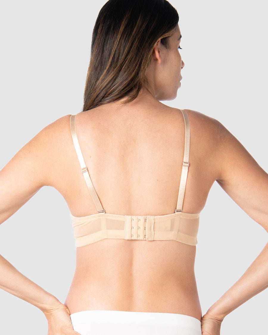 Kami, mother of 2-to-be, displaying the rear view of Forever Yours Frappe, highlighting its 6 rows of hooks and eyes for adaptable comfort. Discover the Contour Padded Nursing maternity bra by Hotmilk Lingerie US, designed for maternity, nursing, and breastfeeding