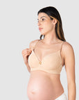 Kami, pregnant mother of 2, demonstrating the practical nursing clip feature on the Forever Yours Frappe Contour Padded Nursing maternity bra by Hotmilk Lingerie US, designed for maternity, nursing, and breastfeeding comfort