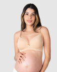 Kami, mother of 2, elegantly wearing the Forever Yours Frappe contour bra, a perfect choice for maternity, nursing, and breastfeeding, in 10/32D from Hotmilk Lingerie US. This bra provides flexiwire support with a contour padded cup, ensuring exceptional comfort, style, and shaping
