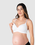 Effortless one-hand drop-down nursing clip demonstrated on Kami, an expecting mother of 2, wearing the Forever Yours Contour maternity and nursing bra by Hotmilk Lingerie US, combining convenience and comfort