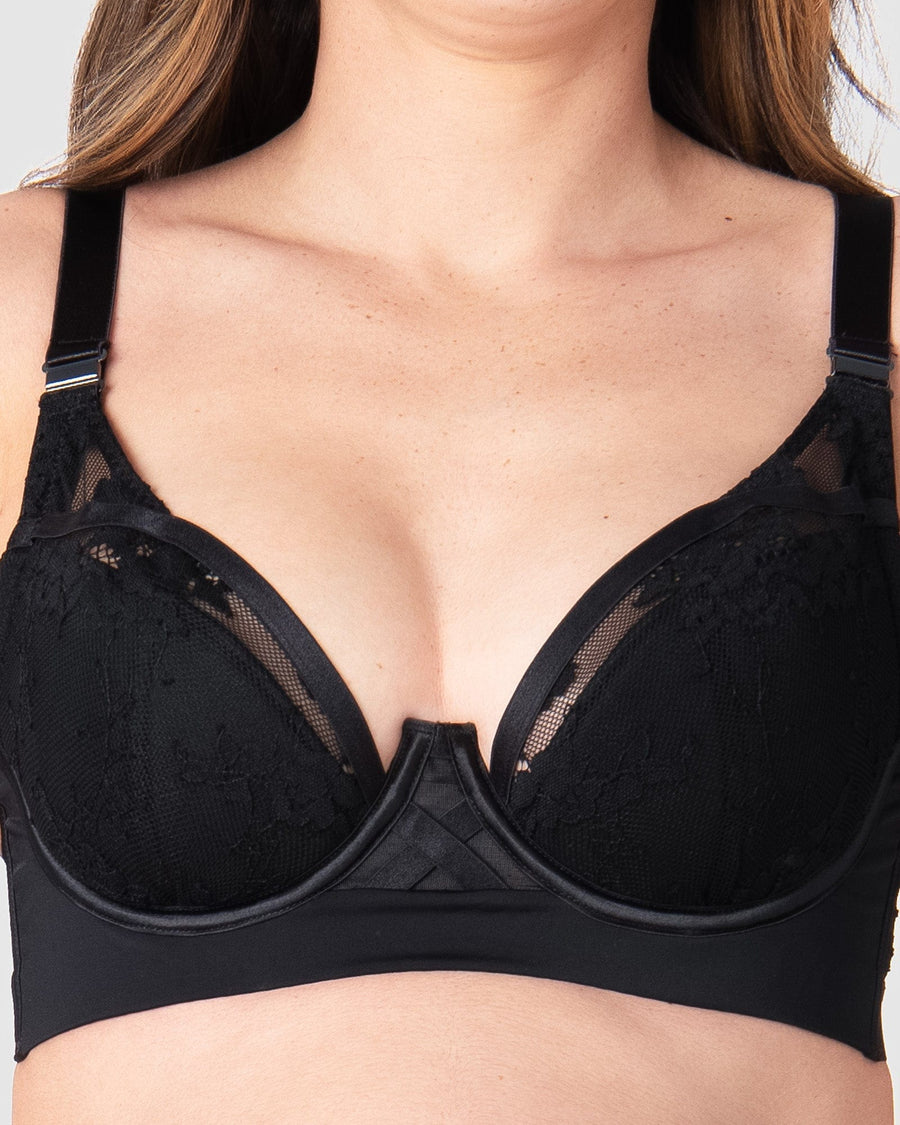 Close-up of Goddess by Hotmilk Lingerie US, featuring intricate floral lace, edgy strap detailing, and sleek black magnetic nursing clips. Discover its empowering and edgy design, accompanying you through the journey of pregnancy and breastfeeding