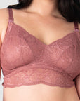 Close-up of the intricately detailed soft lace Heroine Nursing bralette by Hotmilk Lingerie. This versatile multifit style is a perfect choice when uncertain about sizing, providing full coverage support that stretches and adapts to your changing needs