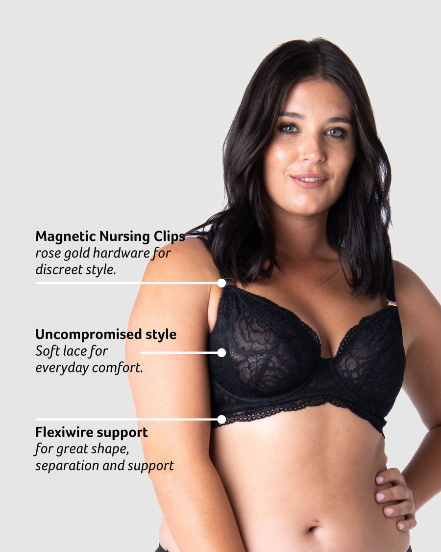 Discover the Key Features of Hotmilk Lingerie's Heroine Plunge Black Maternity and Nursing Bra. Experience the Sensual Comfort of Flexi Underwire, Elevating Your Maternity Wardrobe to a New Level of Style and Functionality