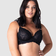 Whether you're a mom-to-be or already embracing motherhood, the Heroine Plunge Black Nursing Bra by Hotmilk Lingerie is a must-have addition to your maternity and nursing essentials. Olivia wearing 14/36D showcases the Heroine Plunge Black, featuring sheer lace elegance