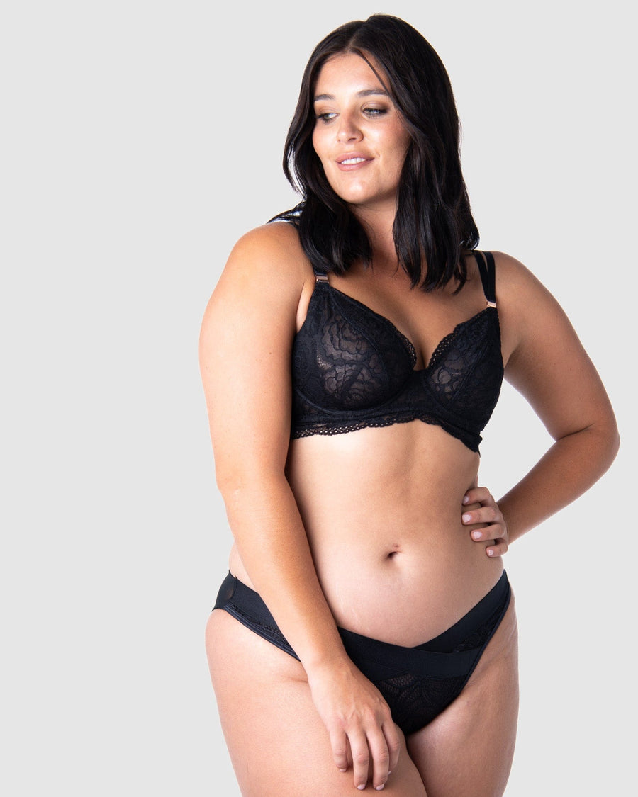 Olivia Radiates Confidence and Style in Hotmilk Lingerie's Heroine Plunge Maternity and Nursing Bra. Crafted with Sheer Lace, Twin Straps, and Elegant Rose Gold Magnetic Nursing Clips, this Bra Elevates Maternity and Nursing Wear to a New Level of Glamour