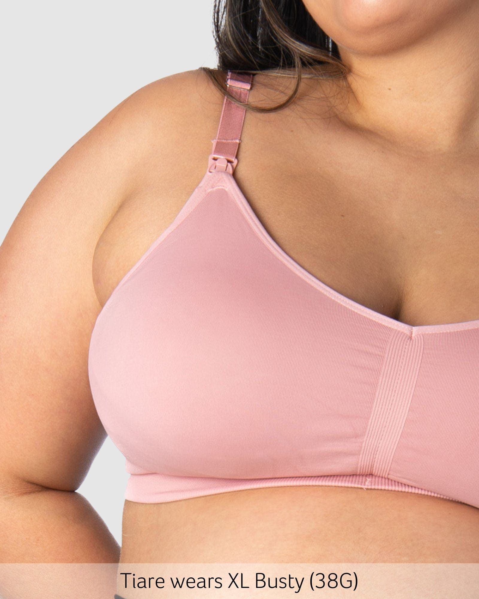 Close up of My Necessity Wirefree Busty Nursing Bra in Blush