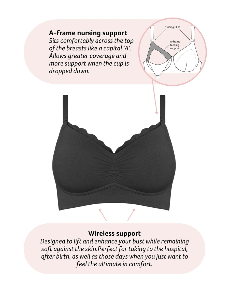 Technical features on Serenity Wirefree Bamboo Nursing Bra in Black