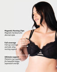 Discover the Key Features of Hotmilk Lingerie's True Luxe Black Maternity and Nursing Bra. Experience the Sensual Comfort of Flexi Underwire, Elevating Your Maternity Wardrobe to a New Level of Style and Functionality