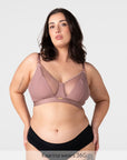 Fuller bust nursing bra for breastfeeding, Hotmilk Flawless Rose Dust plunge maternity bra, Kaarina wears 14F up to J cup