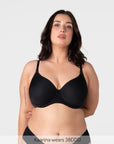 Kaarina wears size 38DDD in the Forever New black nursing bra with flexiwire support and ¾ coverage contour cups for fuller busts
