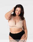 Model smiling wearing the Hotmilk My Comfort Nursing Bra in Oat with black Hotmilk briefs – full body front view showing wirefree silhouette and everyday relaxed fit