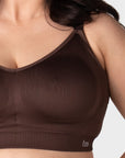 Close-up of My Everyday Busty seamless wirefree nursing bra in Chocolate, moulded unpadded cups made from recycled nylon