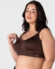 One-handed nursing clips on My Everyday Busty seamless breastfeeding bra in Chocolate with side sling for skin-to-skin contact