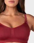 Hotmilk My Necessity 2.0 FlexFit Nursing Bra in Cherry – detail of ultra-soft recycled nylon fabric with removable contour cups, seamless FlexFit nursing bra in Cherry