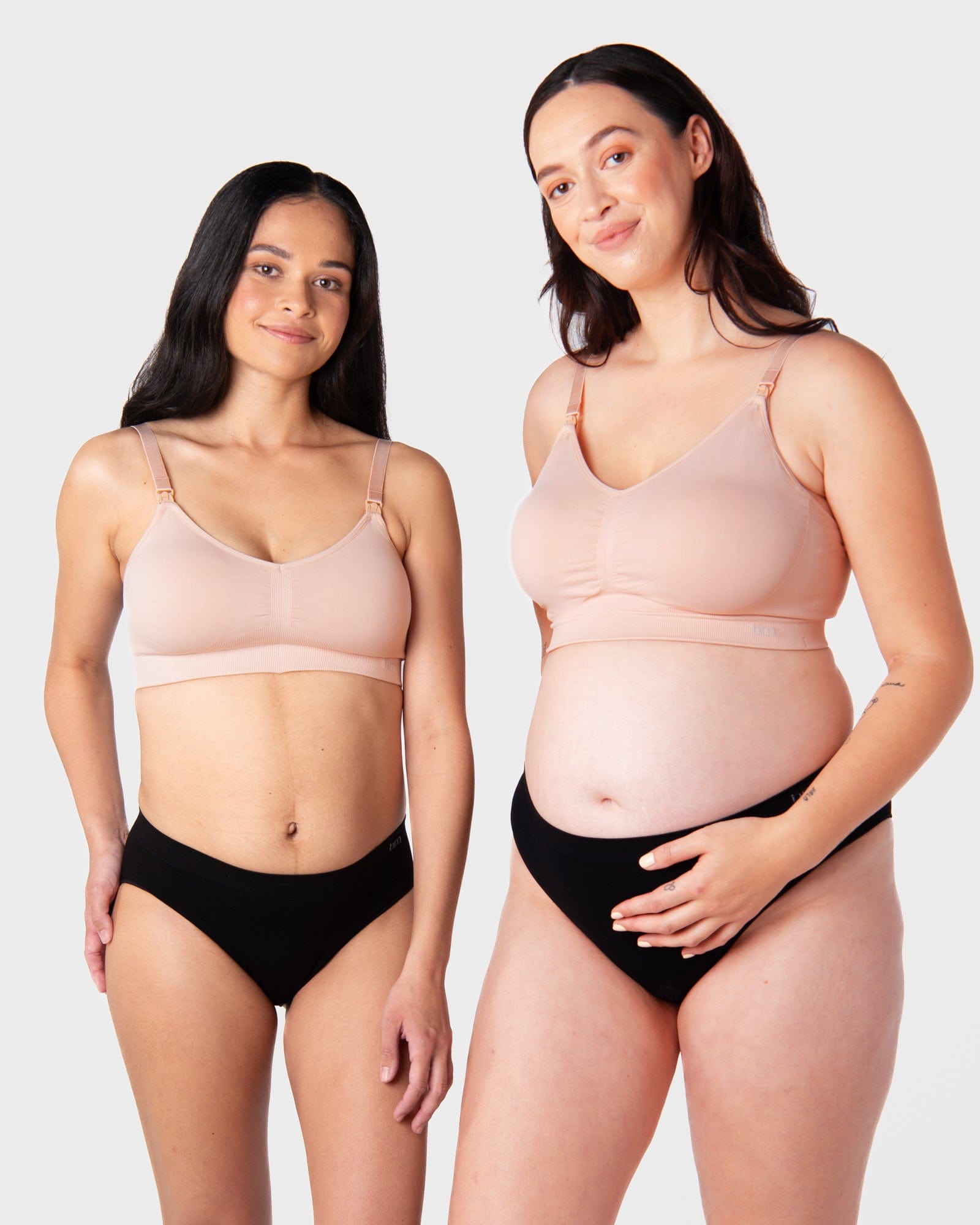 Models wearing Hotmilk My Necessity bra in Ballet Pink, showing front view Regular and Busty version