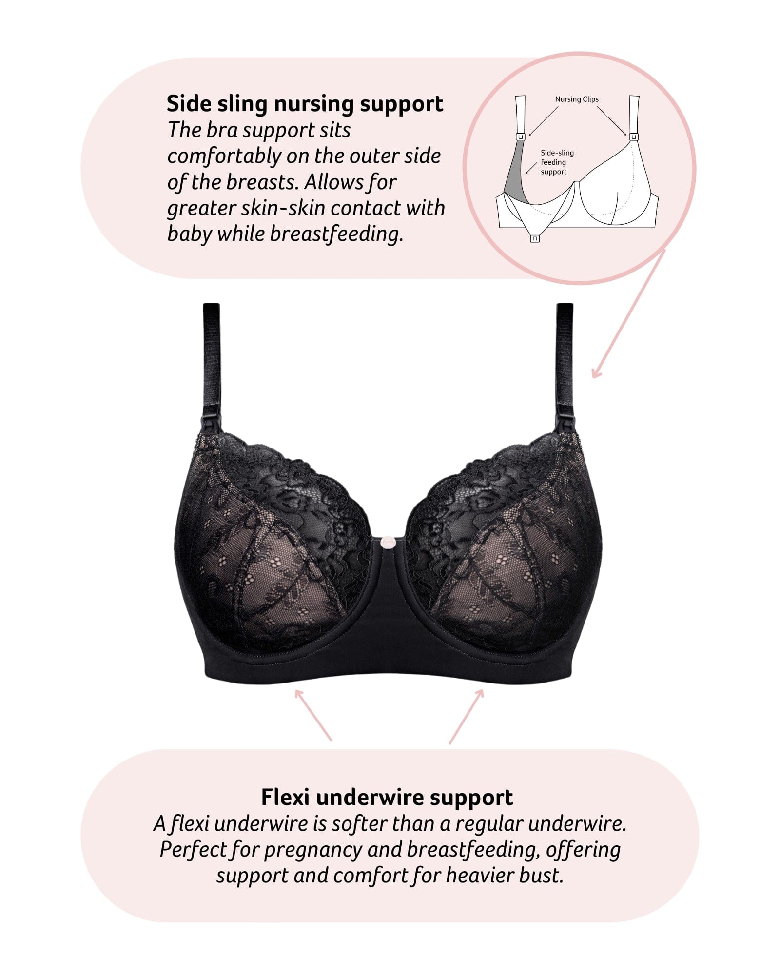 Features of Temptation Nursing Bra with Flexi underwire in BlackStraps worn regular on Temptation Nursing Bra with Flexi underwire in Black
