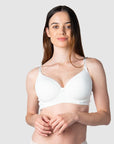 Emily, mother of 1, adorned in Hotmilk Lingerie's Forever Yours maternity and nursing bra, offering a sleek t-shirt appearance with its gentle padding for seamless breastfeeding convenience