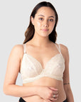 Tatiana, mother of 1, embraces the comfort and style of Hotmilk Lingerie US's Heroine Plunge maternity and nursing bra. The fine twin straps offer style and enhanced support. This bra features feminine lace with sheer mesh lining and side sling support for ultimate comfort. The plunging yet supportive shape is complemented by the flexi underwire lift and rose gold hardware accents