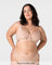 Model wearing the Hotmilk Flawless Plunge Wirefree Nursing Bra in Cashmere with matching briefs – full body front view showing sheer plunge neckline, three-piece cup construction, and gold Hotmilk hardware