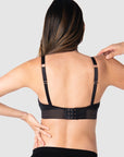 Kami, expecting mother of 2, demonstrating the versatile standard or convertible racerback feature of Hotmilk US's Ambition T-Shirt Wirefree nursing and maternity bra in Black, designed for maternity, nursing, and breastfeeding comfort