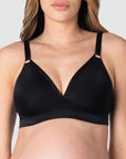 Close-up view of Kami, pregnant mother of 2, highlighting the exquisite fabric and intricate details of HOTMILK AU's AMBITION T-SHIRT WIREFREE nursing and maternity bra in elegant black, designed for maternity, nursing, and breastfeeding needs