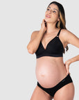 Kami, pregnant mother of 2, showcasing the full-body view of Hotmilk US's Ambition T-Shirt Wirefree nursing and maternity bra in Black, thoughtfully crafted for maternity, nursing, and breastfeeding comfort