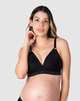 Kami, pregnant mother of 2, showcasing the comfort and style of HOTMILK US nursing and maternity bra - AMBITION T-SHIRT WIREFREE in black, perfect for breastfeeding