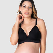 Kami, pregnant mother of 2, showcasing the comfort and style of HOTMILK US nursing and maternity bra - AMBITION T-SHIRT WIREFREE in black, perfect for breastfeeding