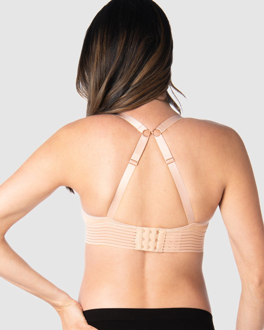 Kami, expecting mother of 2, demonstrating the versatile convertible racerback feature of Hotmilk US's Ambition T-Shirt Wirefree nursing and maternity bra in maple, designed for maternity, nursing, and breastfeeding comfort