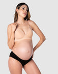 Kami, pregnant mother of 2, showcasing the full-body view of Hotmilk US's Ambition T-Shirt Wirefree nursing and maternity bra in shell, thoughtfully crafted for maternity, nursing, and breastfeeding comfort