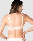 Kami, expecting mother of 2, demonstrating the versatile standard or convertible racerback feature of Hotmilk US's Ambition T-Shirt Wirefree nursing and maternity bra in shell pink, designed for maternity, nursing, and breastfeeding comfort