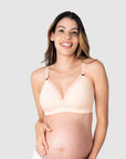 Kami, pregnant mother of 2, showcasing the comfort and style of HOTMILK US nursing and maternity bra - AMBITION T-SHIRT WIREFREE in shell pink, perfect for breastfeeding