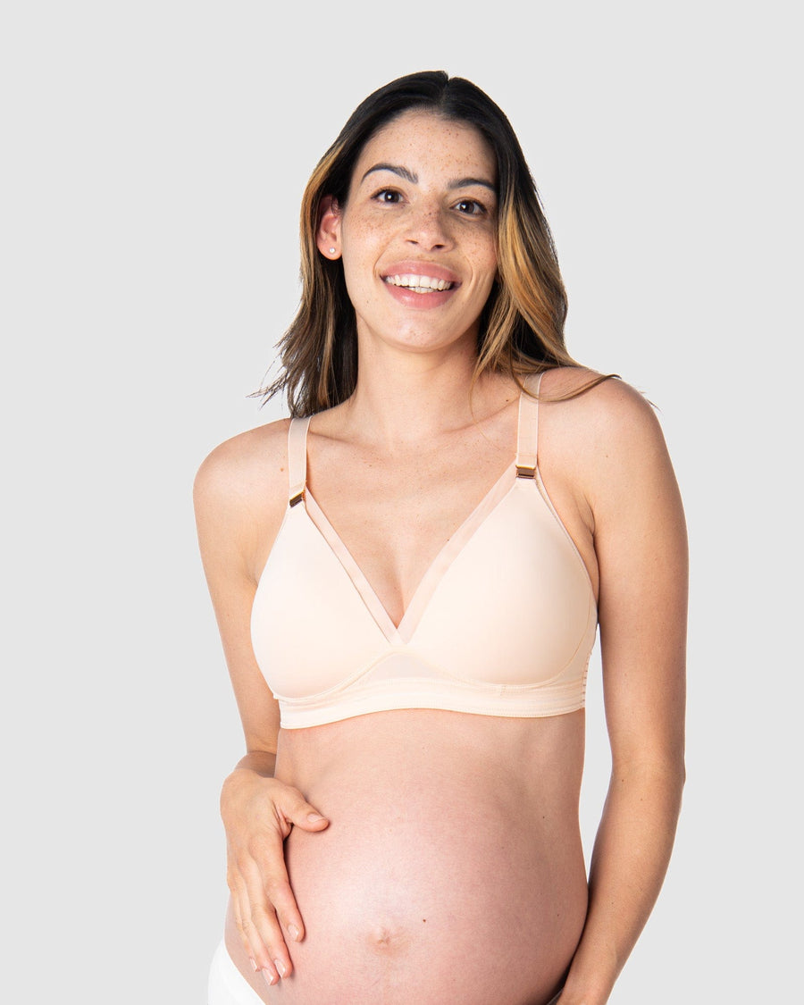 Kami, pregnant mother of 2, showcasing the comfort and style of HOTMILK US nursing and maternity bra - AMBITION T-SHIRT WIREFREE in shell pink, perfect for breastfeeding