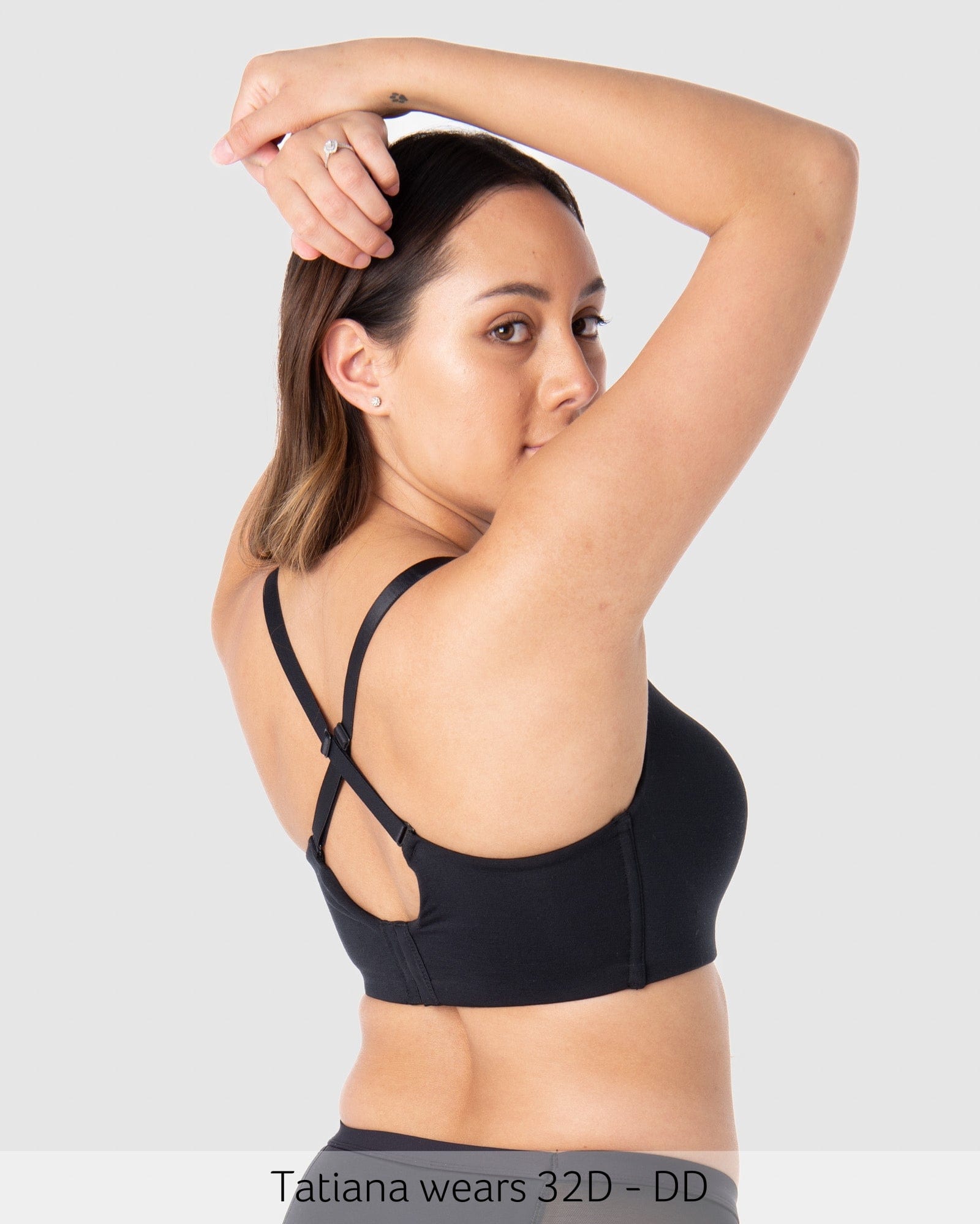 Straps worn racerback on Embrace Leakproof Contour Nursing Bra in Black