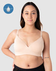 Tatiana, a breastfeeding mother of one, proudly dons Hotmilk Lingerie's groundbreaking Embrace  leakproof bra in Frappe. The perfect T-shirt bra just got better! Designed to absorb up to 15 mls of liquid whilst maintaining the beautiful shape we all love from a great T-shirt bra. Crafted from soft sustainable bamboo yarn, with a leakproof foam cup to keep you fresh, dry and confident