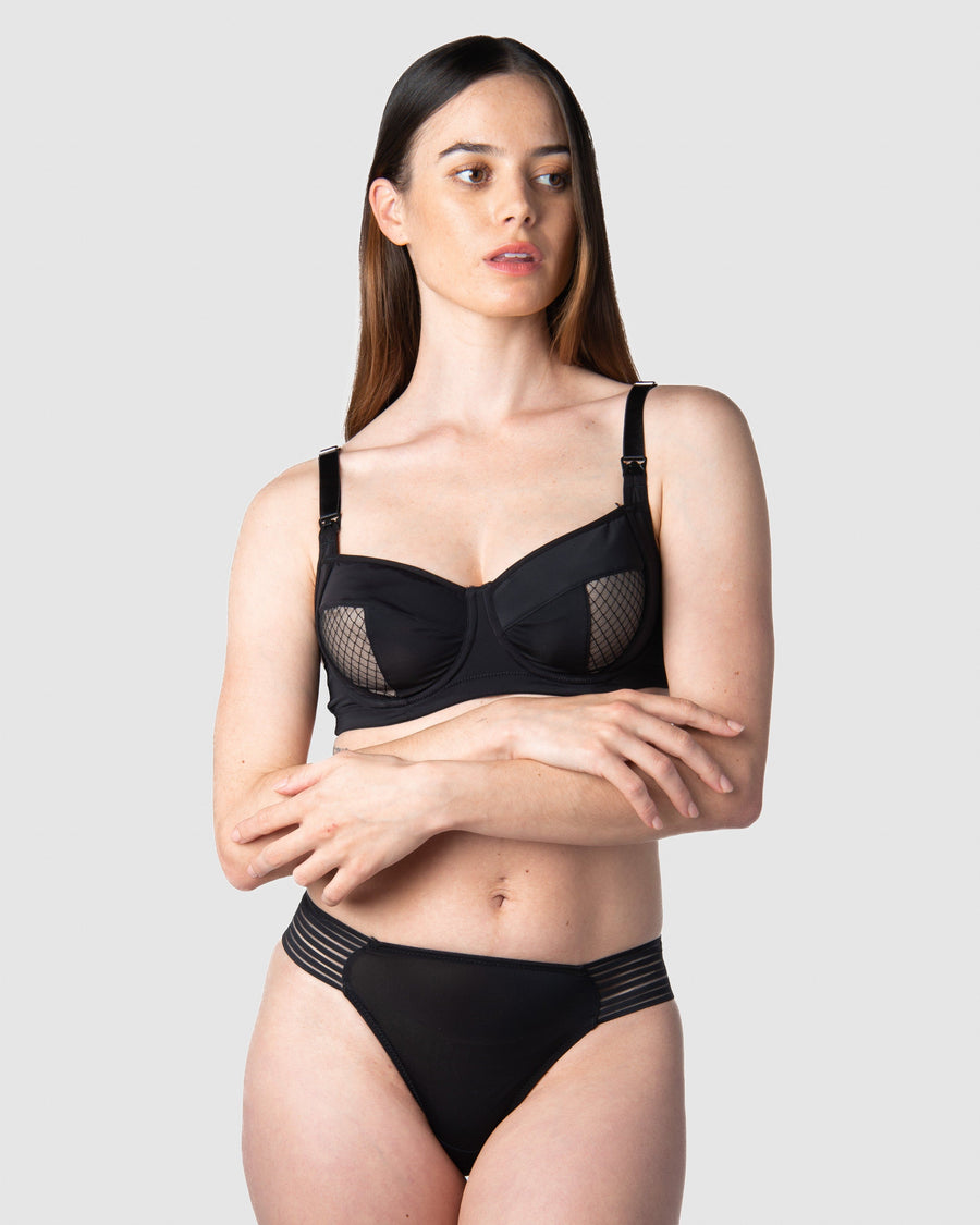 Complete attire: Emily, proud mother of 1, showcasing the Enlighten Balconette maternity, nursing, and breastfeeding bra in 10/382D from Hotmilk Lingerie US, offering flexiwire support for unmatched comfort and style