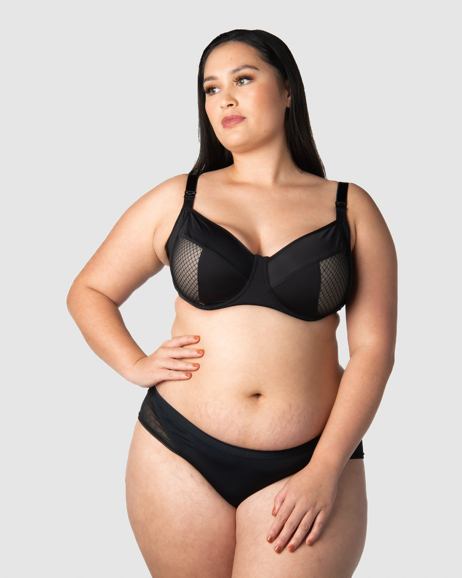 Total look: Tiare, mother of 2, adorning the Enlighten Balconette maternity, nursing, and breastfeeding bra in 16/38F from Hotmilk Lingerie US, delivering flexiwire support for unparalleled comfort and style