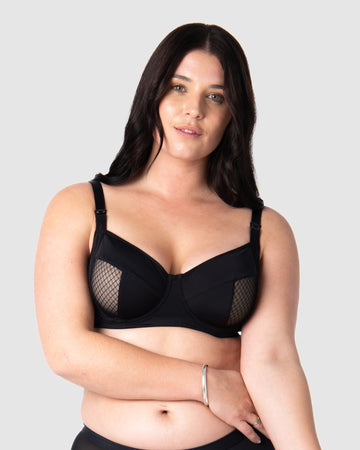 Model Olivia showcasing the allure of Hotmilk Lingerie US's Enlighten Balconette maternity, nursing, and breastfeeding bra, with its elegant blend of soft slinky microfiber for a comfortable and stylish experience