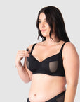 Close-up of Model Olivia showcasing the nursing clip functionality of Hotmilk Lingerie US's Enlighten Balconette maternity, nursing, and breastfeeding bra, designed for practicality and style