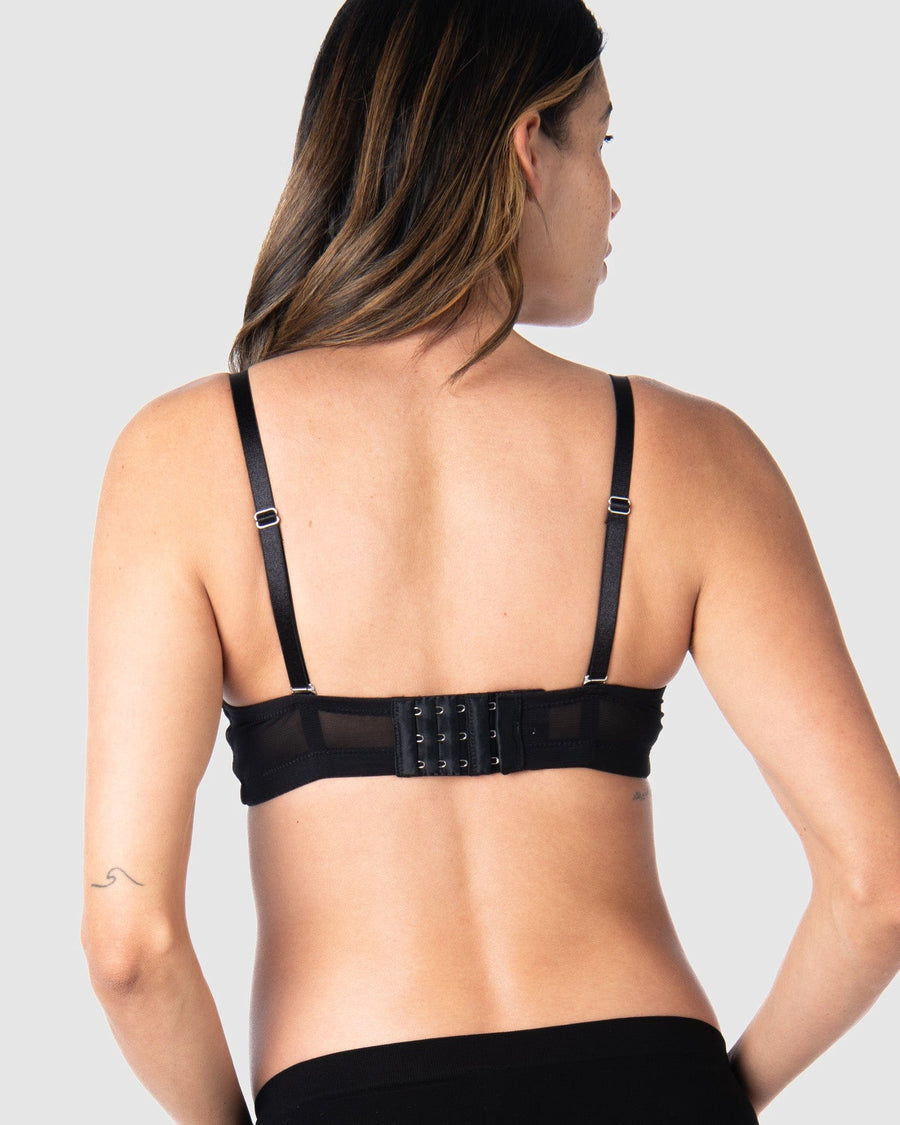 Kami, expecting mother of 2, showcasing the versatile convertible back straps of the Forever Yours Contour Padded Nursing maternity bra in black by Hotmilk Lingerie US, designed for comfortable maternity, nursing, and breastfeeding