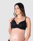 Close-up view showcasing the luxurious slinky microfiber fabric of the Forever Yours Contour Padded Nursing maternity bra in black by Hotmilk Lingerie US, thoughtfully designed to meet maternity, nursing, and breastfeeding requirements