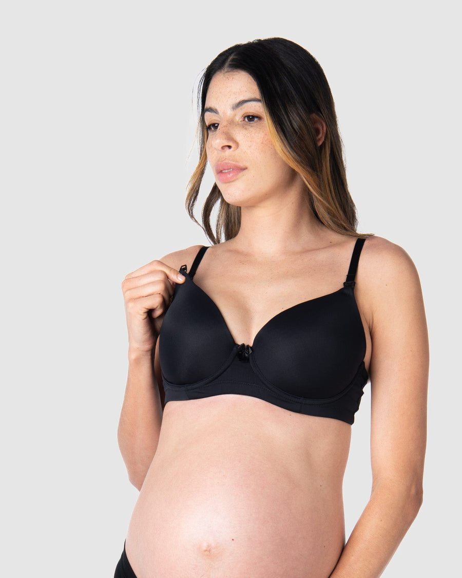 Close-up view showcasing the luxurious slinky microfiber fabric of the Forever Yours Contour Padded Nursing maternity bra in black by Hotmilk Lingerie US, thoughtfully designed to meet maternity, nursing, and breastfeeding requirements