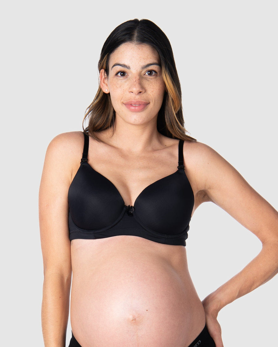 Kami, pregnant mother of 2, embracing comfort and style in the Forever Yours Contour Padded Nursing maternity bra in black by Hotmilk Lingerie US, designed for maternity, nursing, and breastfeeding needs