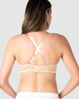 Kami, mother of 2-to-be, showcasing the versatile convertible back straps of the Forever Yours Contour Padded Nursing maternity bra in Frappe by Hotmilk Lingerie US, ideal for maternity, nursing, and breastfeeding